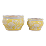Henleydale Yellow/White Ceramic Round Chinoiserie Planters (Set of 2)