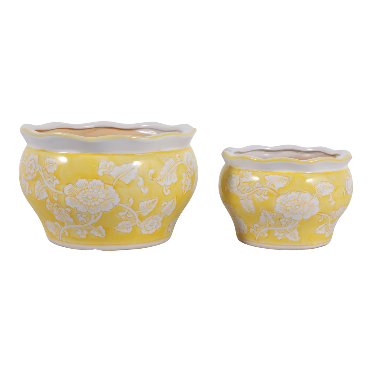 Henleydale Yellow/White Ceramic Round Chinoiserie Planters (Set of 2)