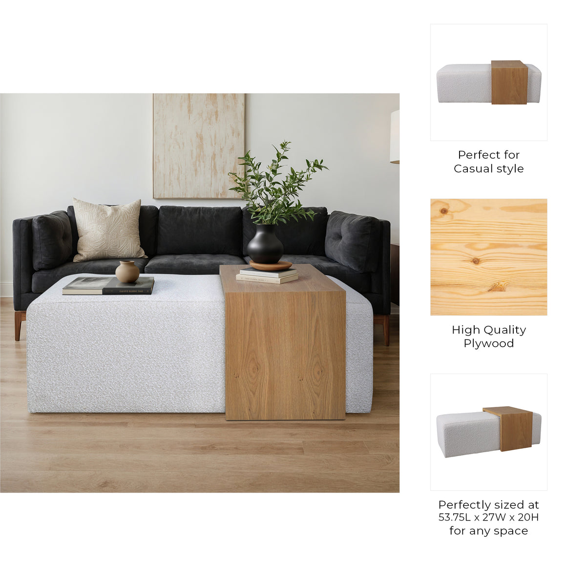 Drydenford Ivory Modern Rectangular Bench with Wood Accent