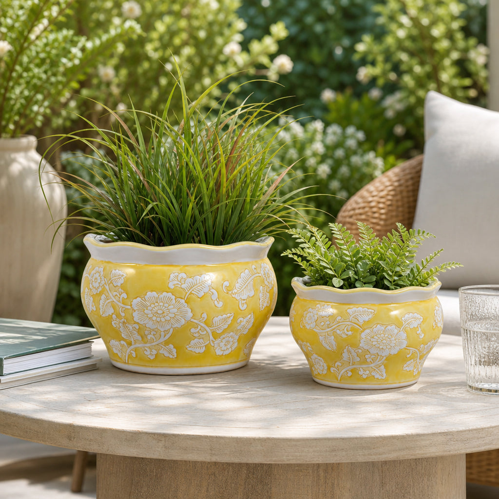 Henleydale Yellow/White Ceramic Round Chinoiserie Planters (Set of 2)