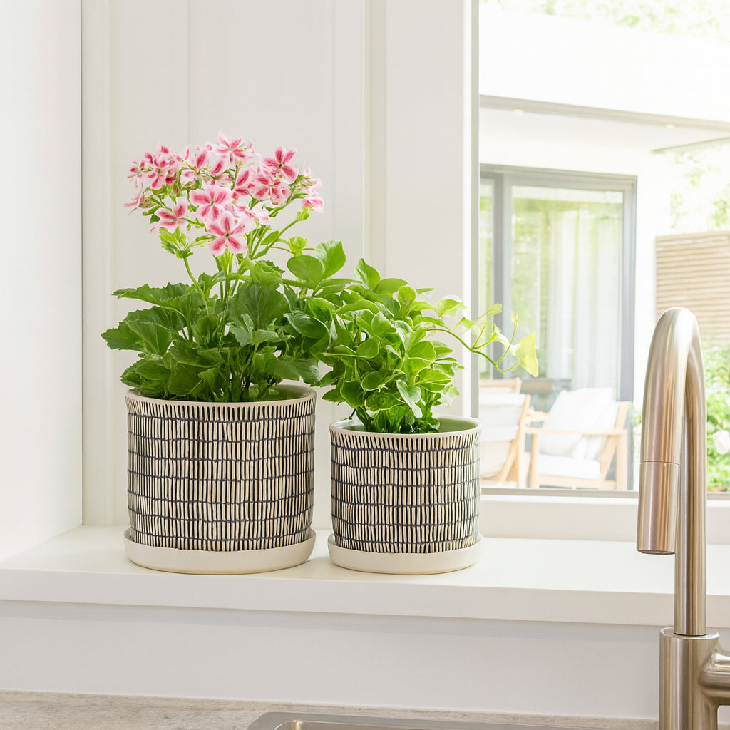 Gridley Beige Ceramic Planters with Saucer (Set of 2) - 14807-03