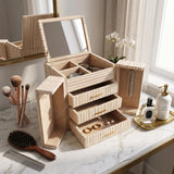 Almond Ivory/Tan Large Raffia Jewelry Box with Mirror