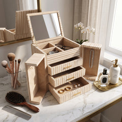 Almond Ivory/Tan Large Raffia Jewelry Box with Mirror