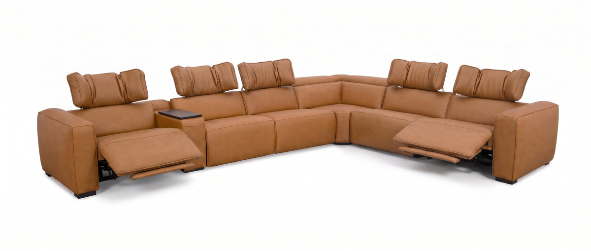Rally Pro Caramel 7-Piece L-Shaped Dual Power Reclining Sectional with Console & Immersive Sound System
