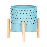 Watsonville Blue Dotted Planter with Wood Stand