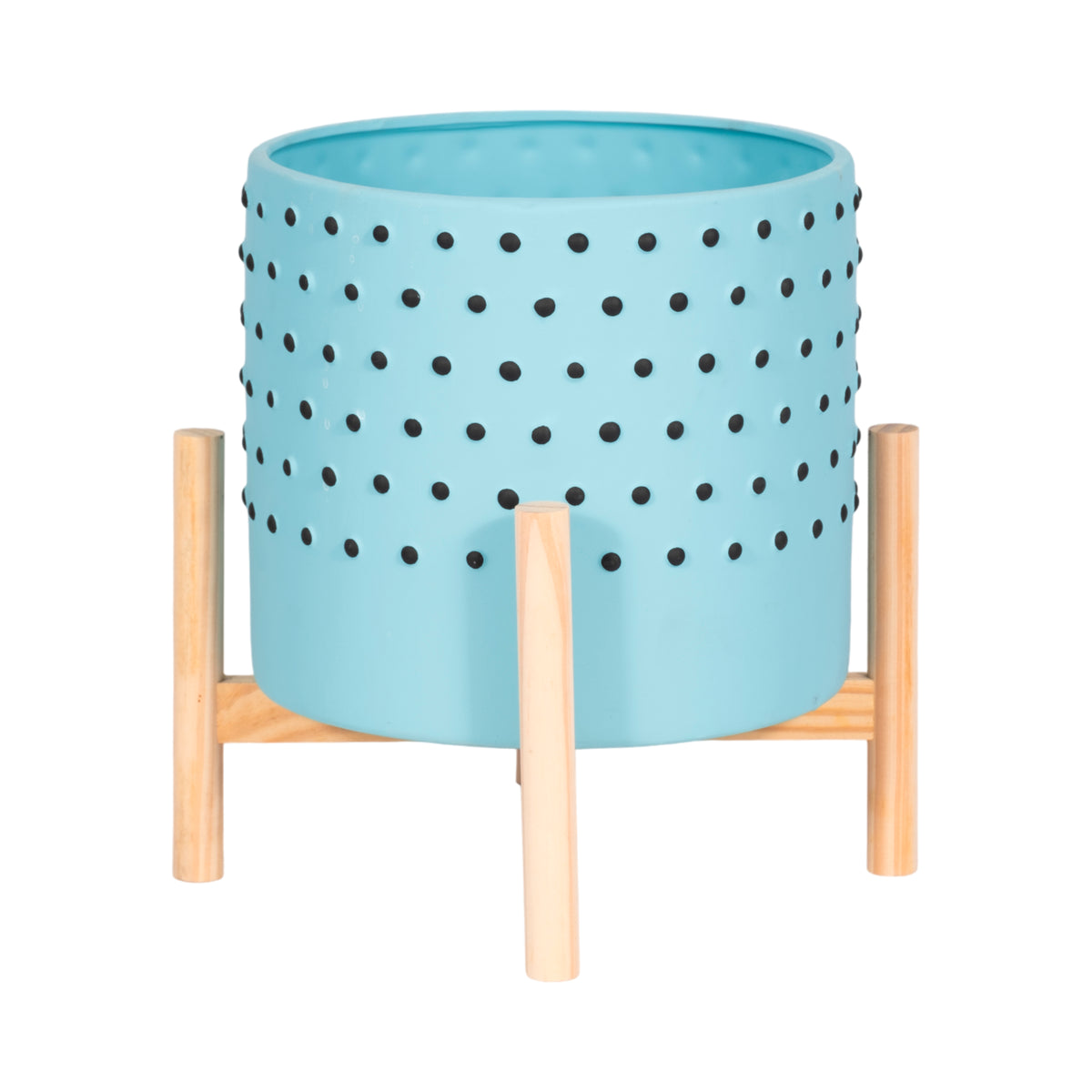 Watsonville Blue Dotted Planter with Wood Stand