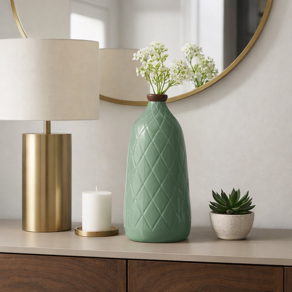 Wellsona Dark Sage Large Ceramic Plaid Textured Vase