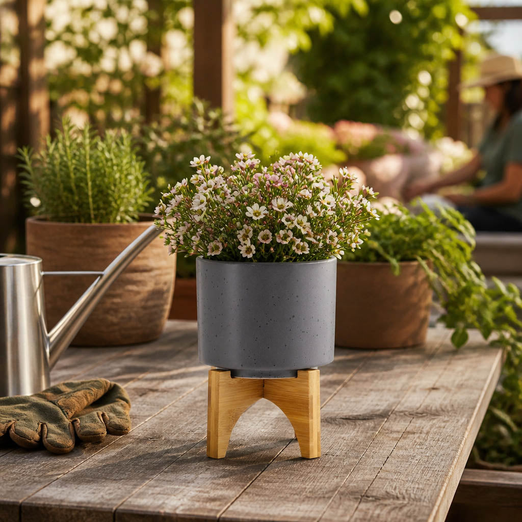 Swiss Bar Gray/Brown Planter with Wood Stand