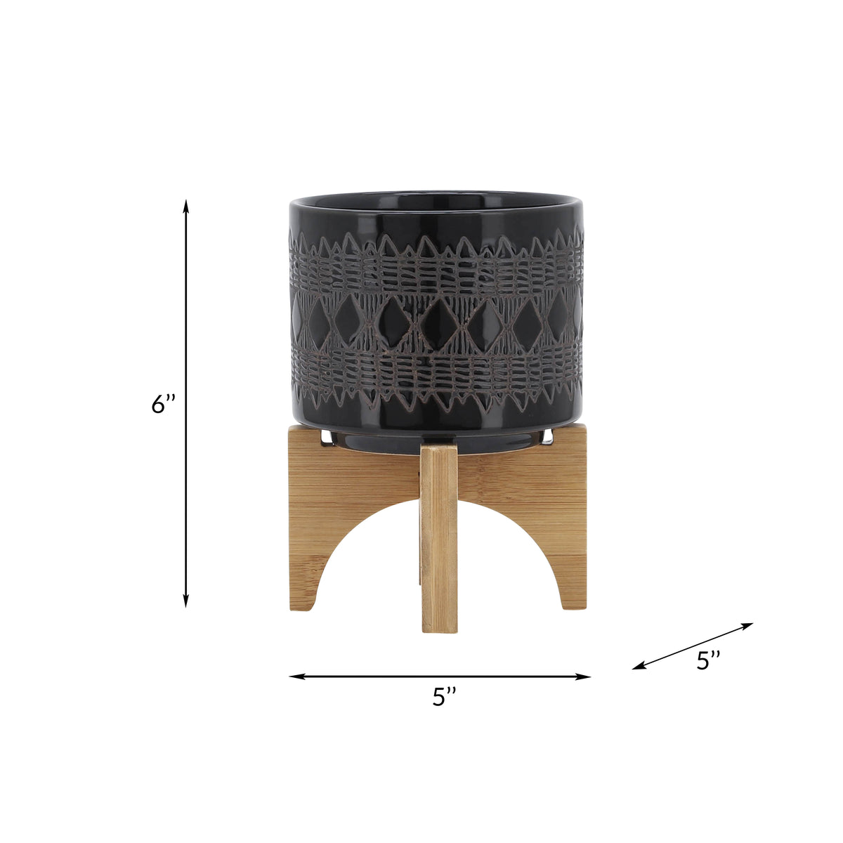 Electra Black Ceramic Aztec Planter on Wooden Stand