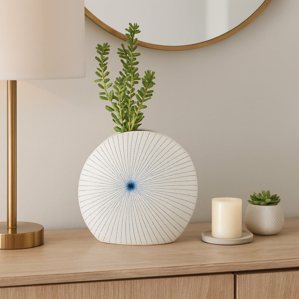 Lochford White/Blue Round Dotted Shell Vase