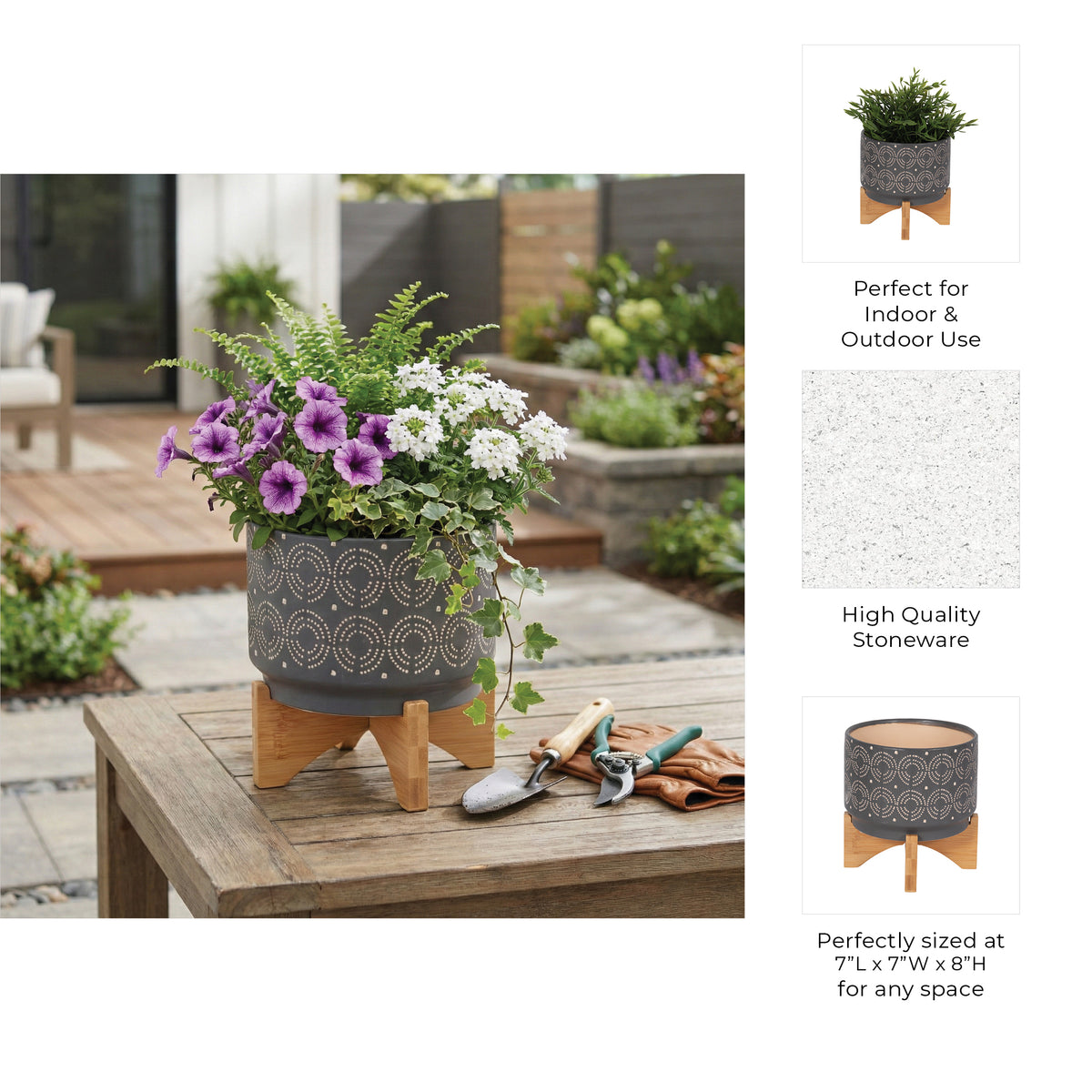 Slater Gray Ceramic Swirl Planter on Stand