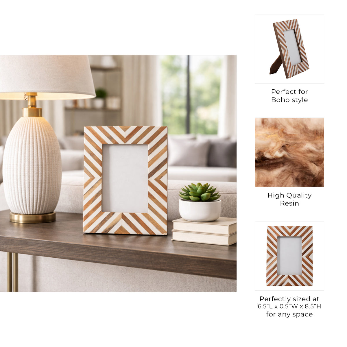 Gazelle White Resin 4x6 Herringbone Lines Photo Frame