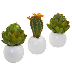 8” Artichoke and Cactus Artificial Plant in White Planter (Set of 3) - Ornate Home