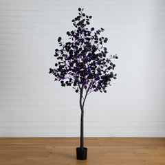 8' Pre-Lit Artificial Halloween Black Eucalyptus Tree with 540 Orange & Purple LED Lights - Ornate Home
