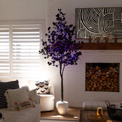 8' Pre-Lit Artificial Halloween Black Eucalyptus Tree with 540 Orange & Purple LED Lights - Ornate Home