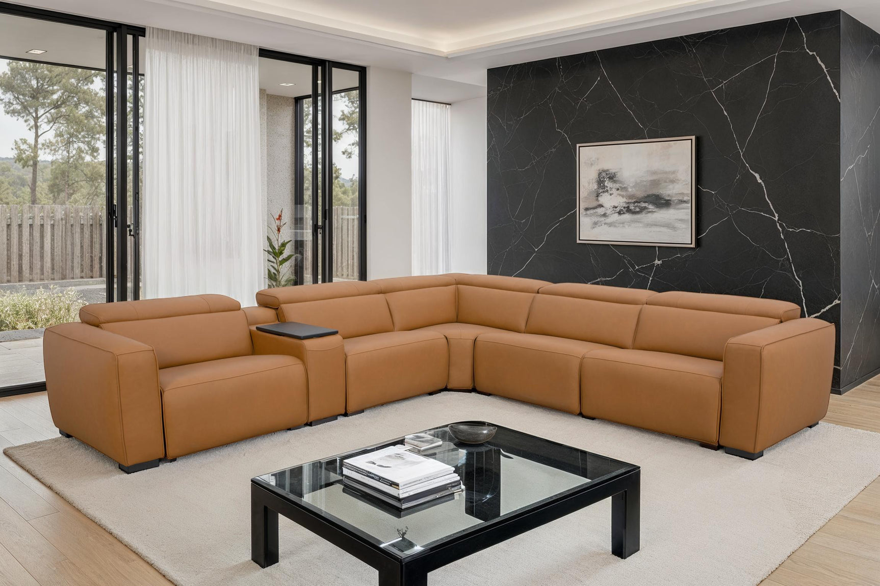 Rally Pro Caramel 6-Piece Power Reclining Sectional with Console and Immersive Sound System