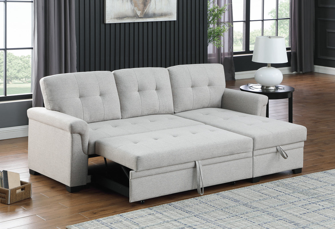 Lucca Light Gray 84"W Linen Reversible Sleeper Sectional Sofa with Storage Chaise