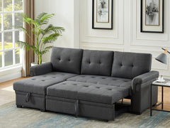 Lucca Dark Gray 84"W Linen Reversible Sleeper Sectional Sofa with Storage Chaise