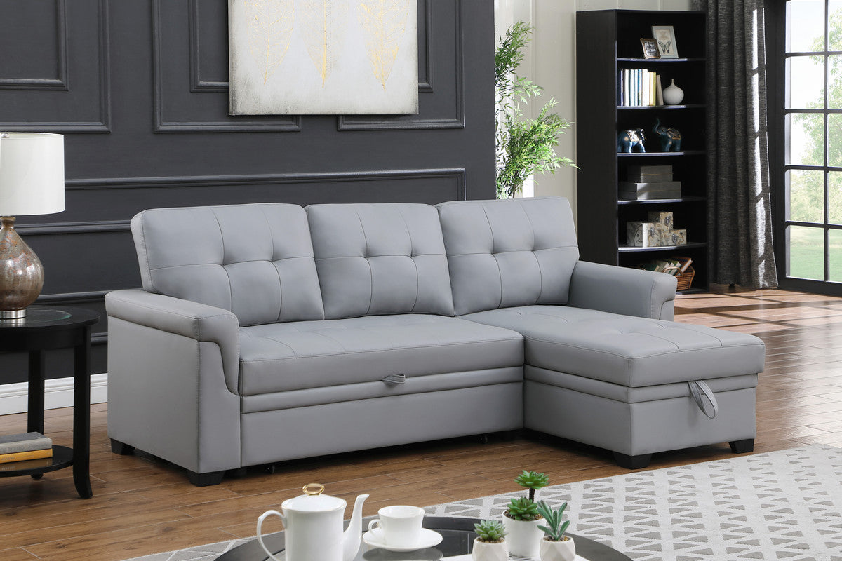 Lucca Gray 84"W Vegan Leather Reversible Sleeper Sectional Sofa with Storage Chaise