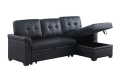 Lucca Black 84"W Vegan Leather Reversible Sleeper Sectional Sofa with Storage Chaise