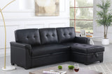 Lucca Black 84"W Vegan Leather Reversible Sleeper Sectional Sofa with Storage Chaise