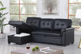 Lucca Black 84"W Vegan Leather Reversible Sleeper Sectional Sofa with Storage Chaise