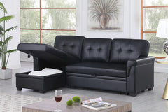 Lucca Black 84"W Vegan Leather Reversible Sleeper Sectional Sofa with Storage Chaise