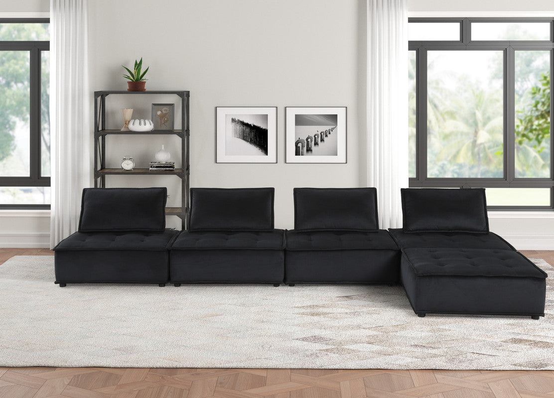 Anna Black 160"W Velvet Sectional Sofa with Ottoman