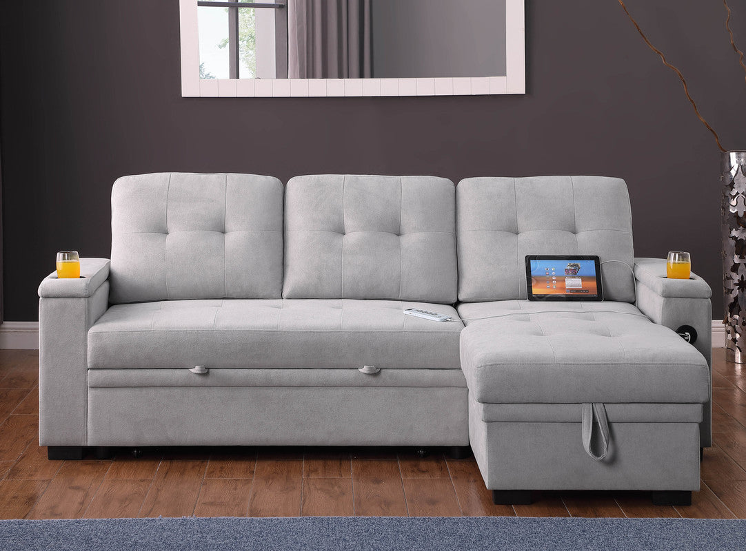Ashlyn II Gray 84"W Woven Fabric Reversible Sleeper Sectional Sofa with Storage Chaise