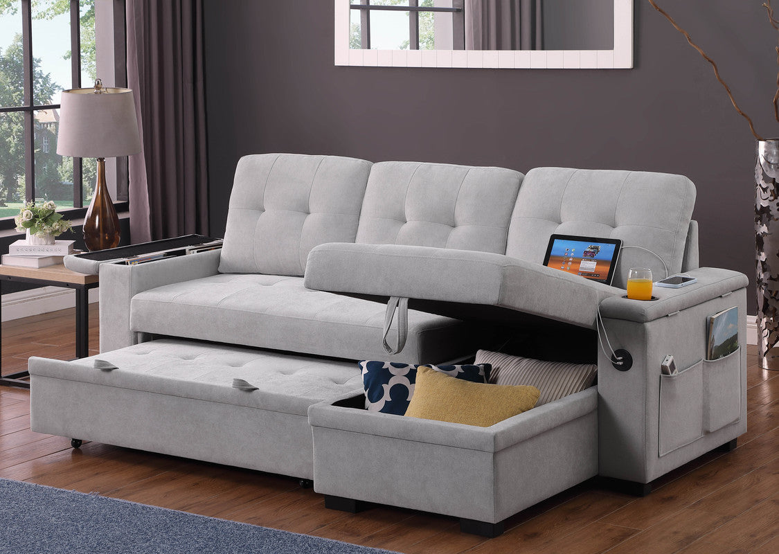 Ashlyn II Gray 84"W Woven Fabric Reversible Sleeper Sectional Sofa with Storage Chaise