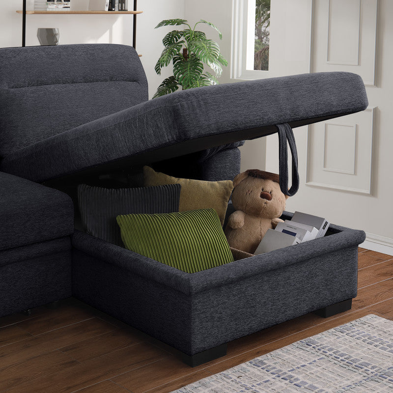Kipling II Charcoal 95"W Chenille Sleeper Sectional Sofa with Right-Facing Chaise
