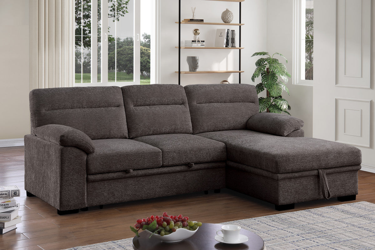 Kipling II Brown 95"W Chenille Sleeper Sectional Sofa with Right-Facing Chaise