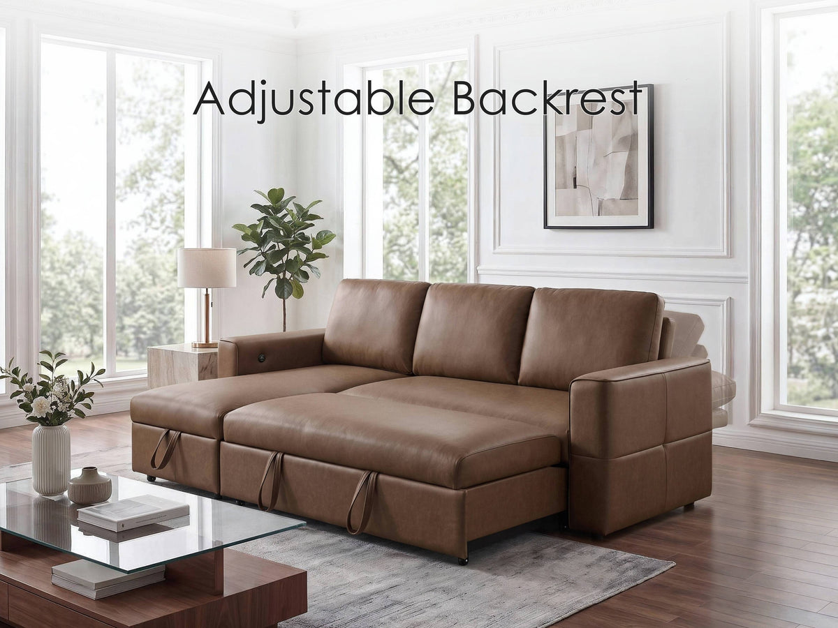 George Caramel 95"W Performance Fabric Reversible Sleeper Sectional Sofa with Storage Chaise