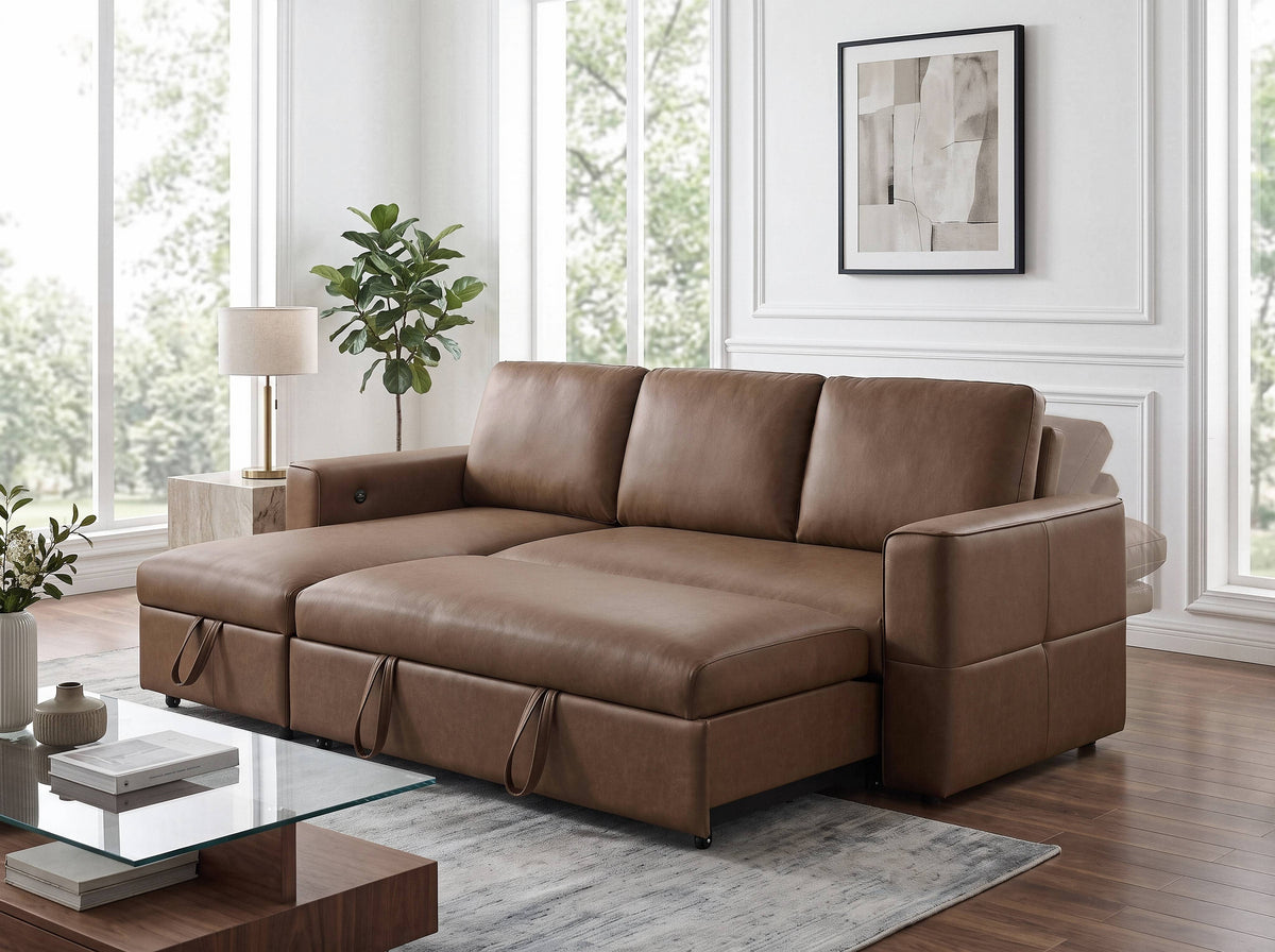 George Caramel 95"W Performance Fabric Reversible Sleeper Sectional Sofa with Storage Chaise