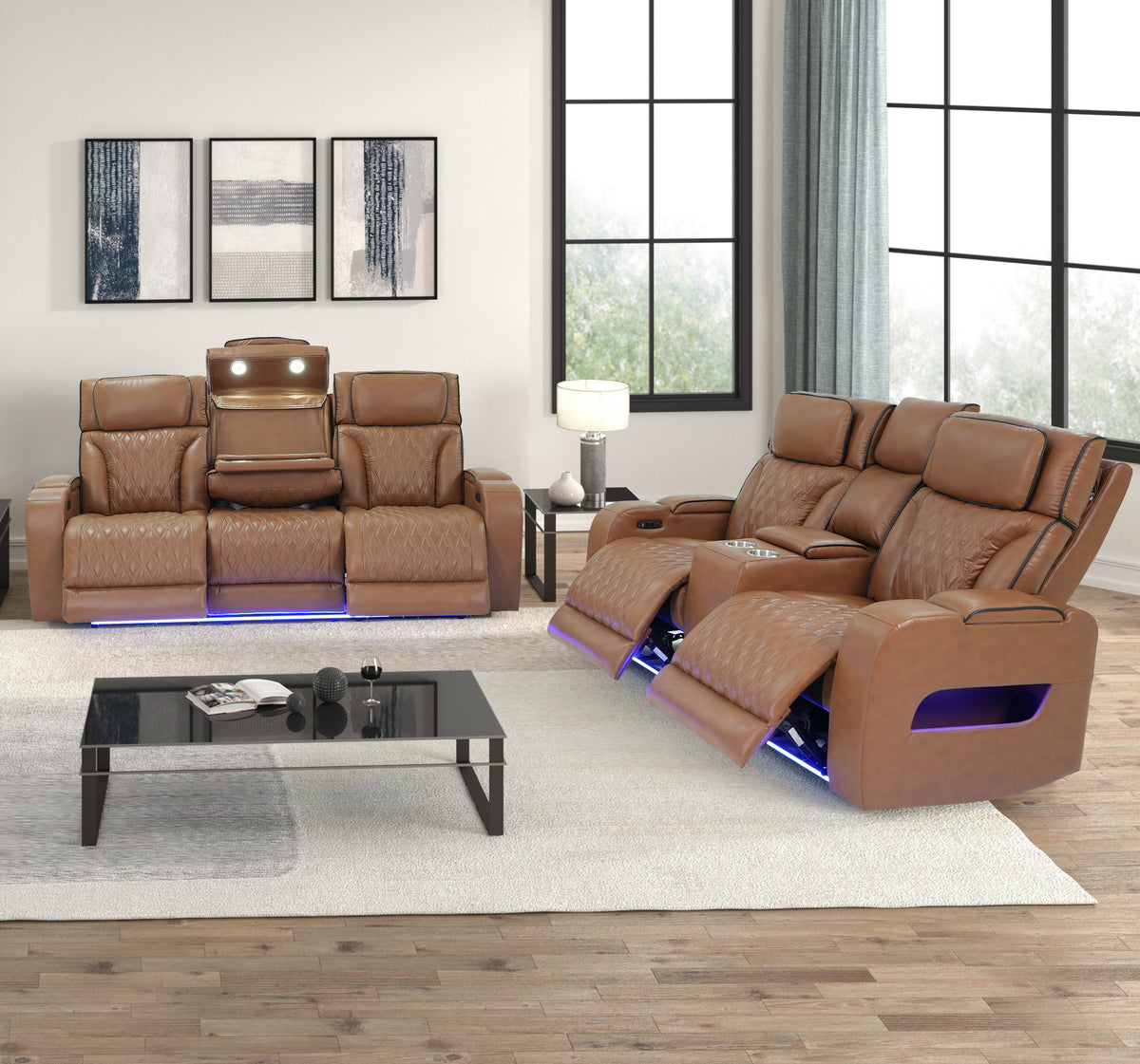Jazz Light Brown Leather Aire Power Reclining Sofa & Loveseat Set