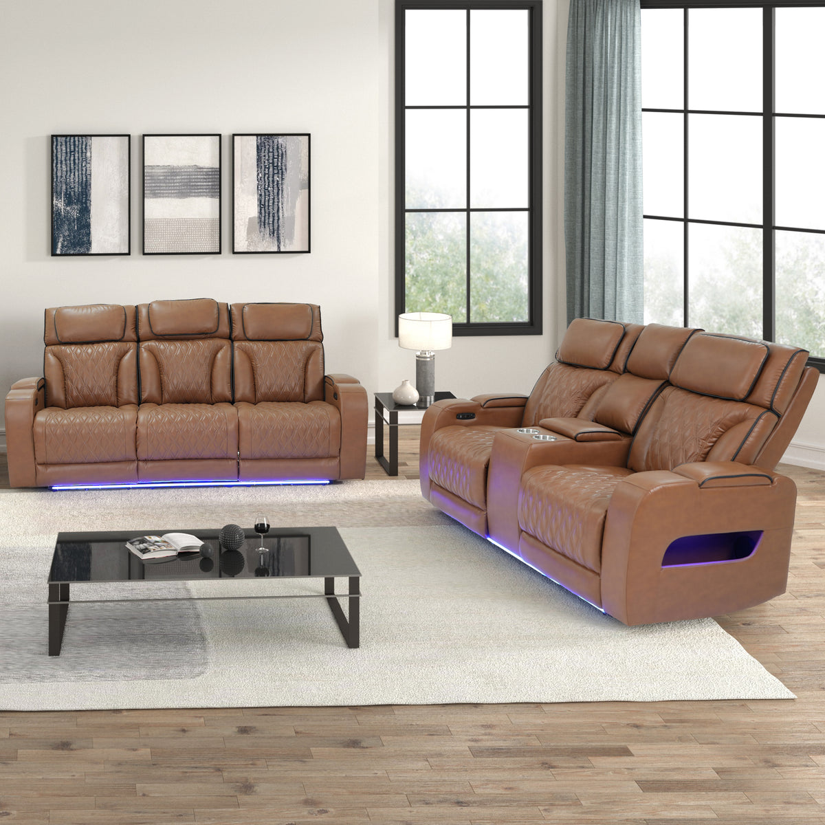 Jazz Light Brown Leather Aire Power Reclining Sofa & Loveseat Set