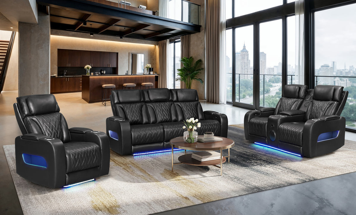 Jazz Black Leather Aire Power Reclining Sofa, Loveseat & Chair Set