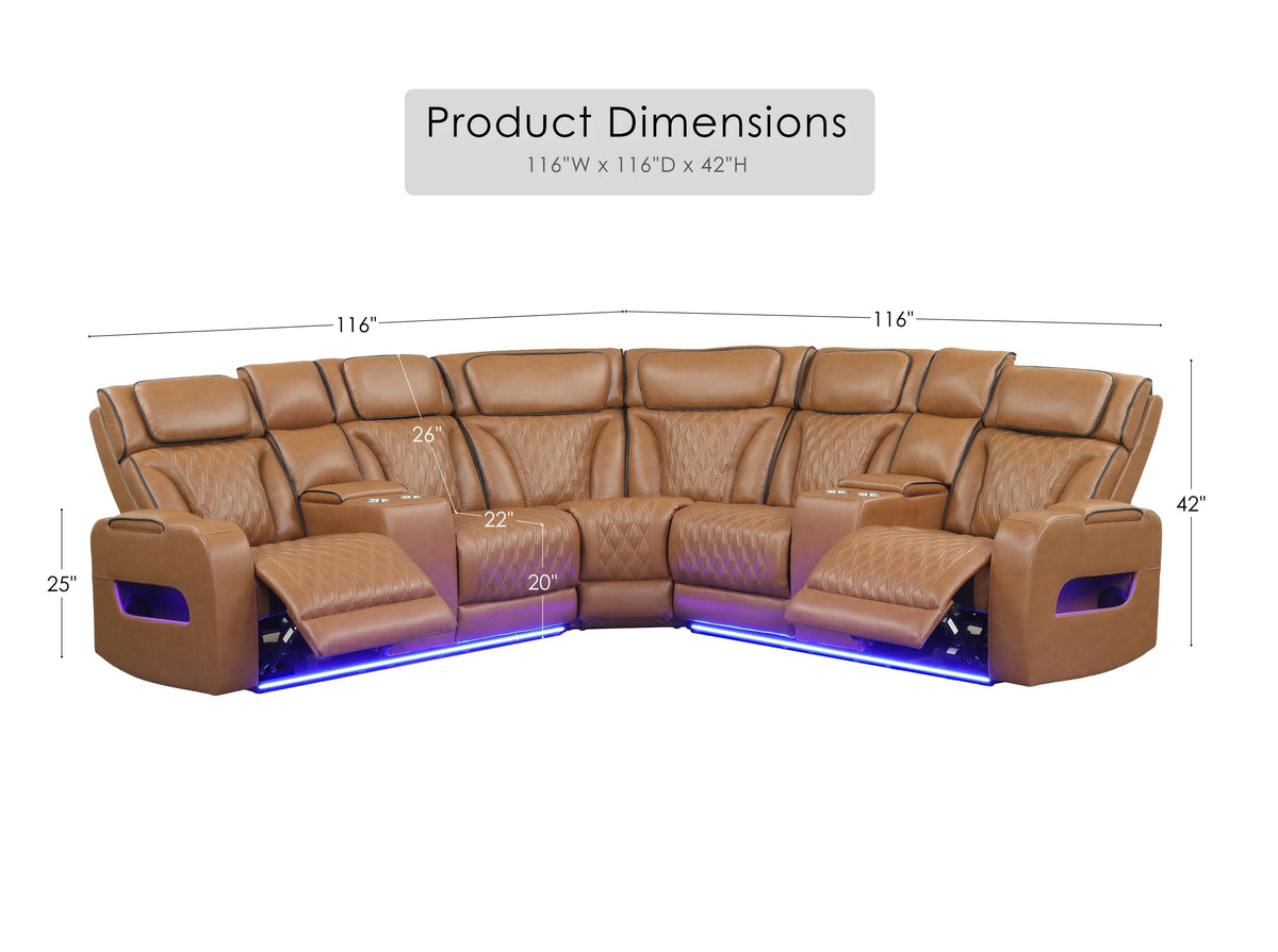 Jazz Light Brown 116"W Leather Aire Power Reclining Sectional Sofa