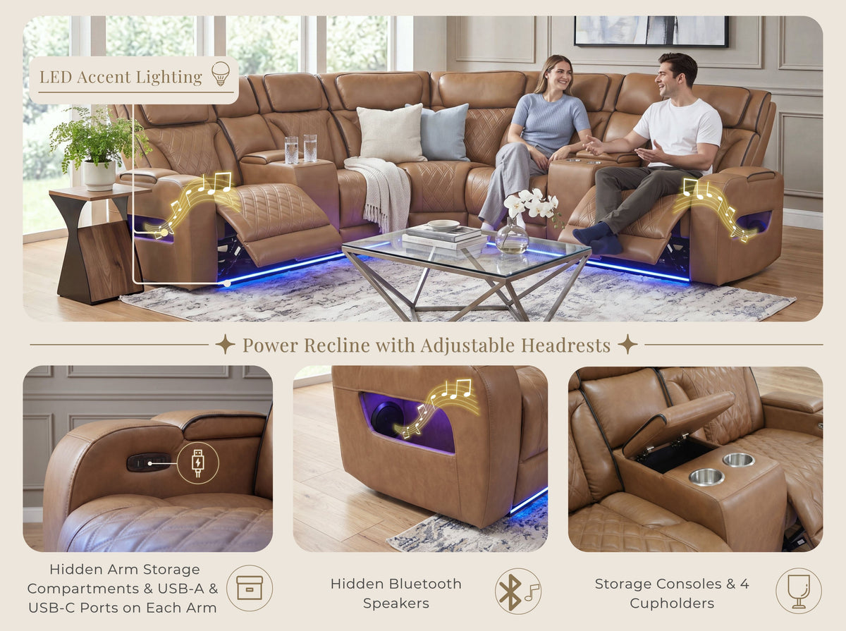 Jazz Light Brown 116"W Leather Aire Power Reclining Sectional Sofa
