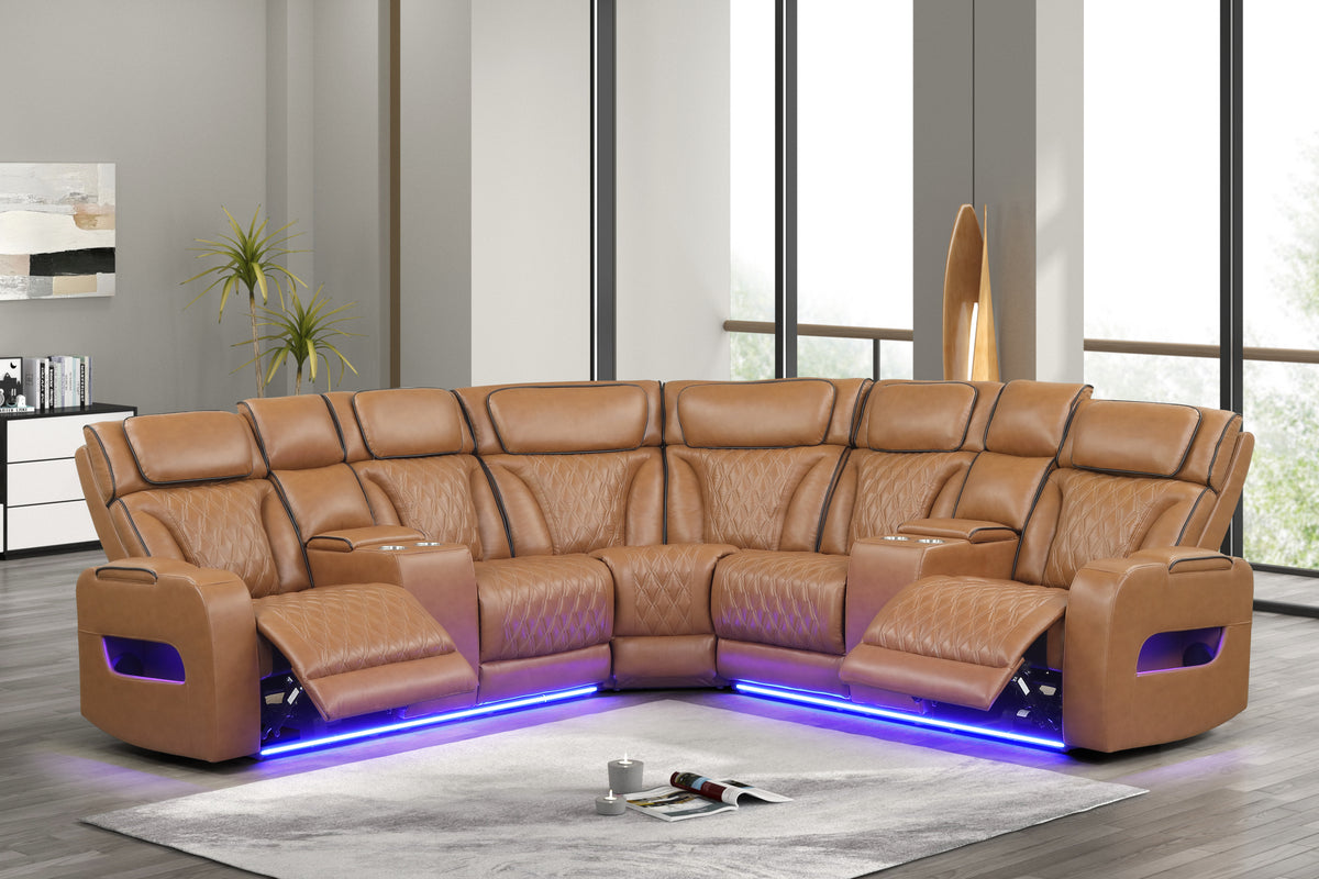 Jazz Light Brown 116"W Leather Aire Power Reclining Sectional Sofa