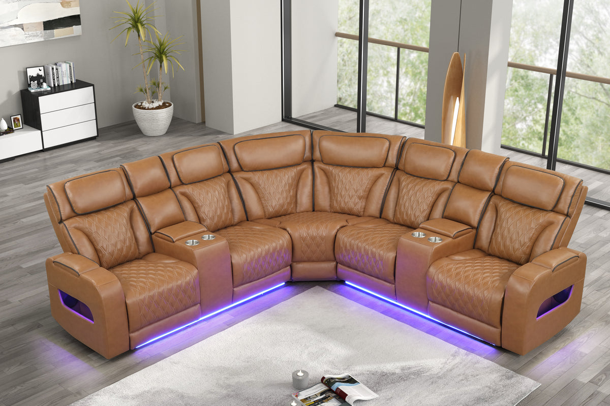 Jazz Light Brown 116"W Leather Aire Power Reclining Sectional Sofa