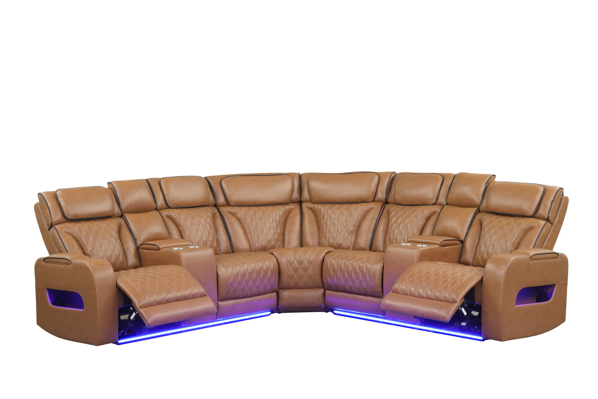 Jazz Light Brown 116"W Leather Aire Power Reclining Sectional Sofa
