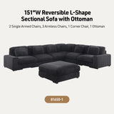 Sloane Charcoal 151"W Corduroy Reversible Modular L-Shape Sectional Sofa with Ottoman