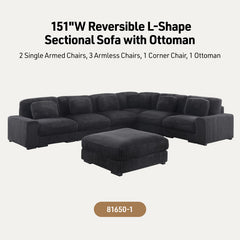 Sloane Charcoal 151"W Corduroy Reversible Modular L-Shape Sectional Sofa with Ottoman