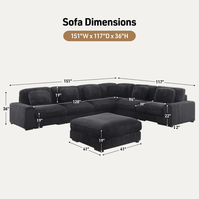 Sloane Charcoal 151"W Corduroy Reversible Modular L-Shape Sectional Sofa with Ottoman
