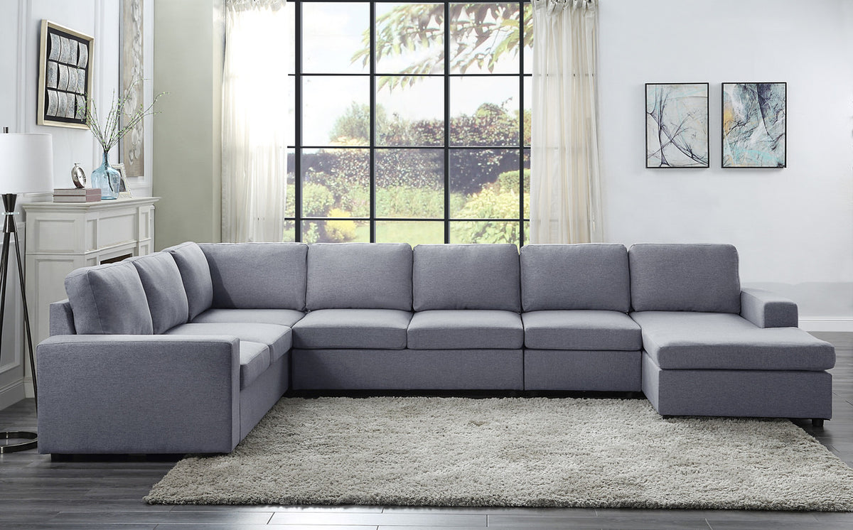 Tifton Light Gray 147"W Linen Reversible Modular Sectional Sofa with Left-Facing Chaise