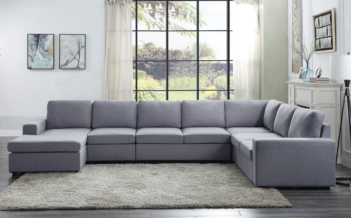 Tifton Light Gray 147"W Linen Reversible Modular Sectional Sofa with Left-Facing Chaise