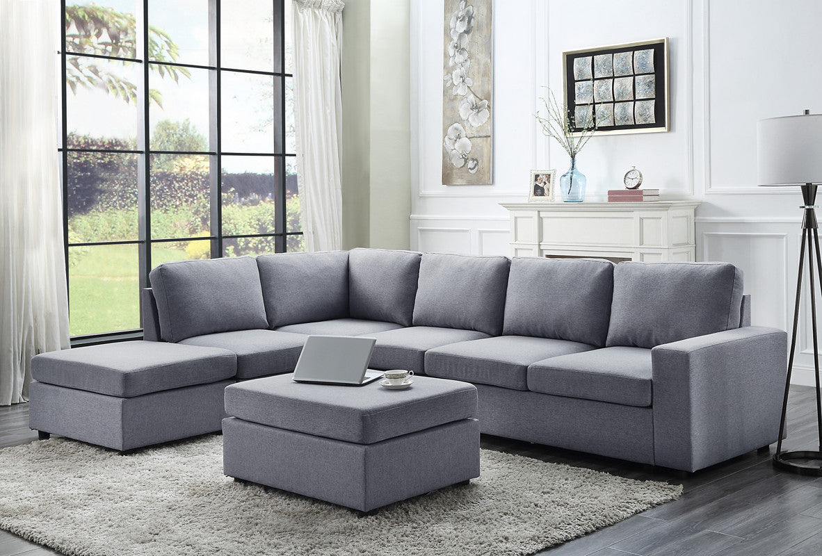 Cassia Light Gray 120"W Linen Reversible Modular Sectional Sofa with Left-Facing Chaise & Ottoman