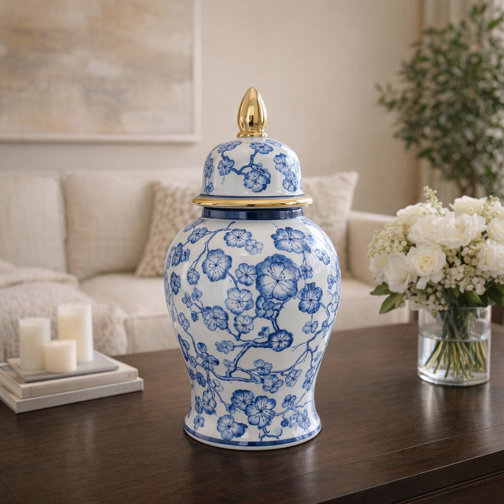 Sespe Blue/White Temple Jar with Hibiscus - 15425-03EC