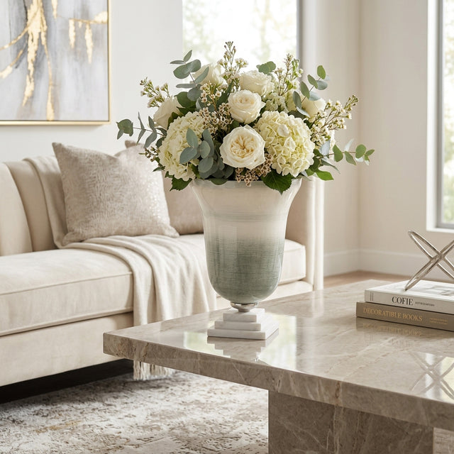 Vale Sage/Ivory Large Glass Vase on Marble Base